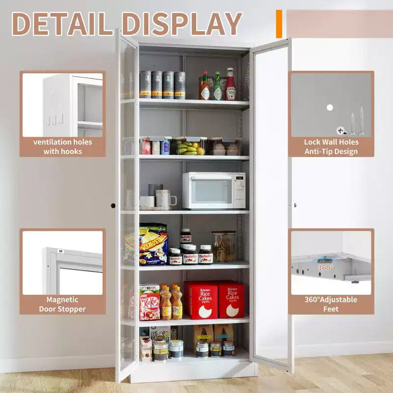 Dispensa da cucina in metallo alta 183 cm con ante in vetro e ripiani regolabili, mobile contenitore indipendente per cucina, dispensa o bagno, bianco