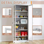Dispensa alta 182,9 cm in metallo con ante in vetro e ripiani regolabili, mobiletto indipendente per cucina, dispensa o bagno, bianco
