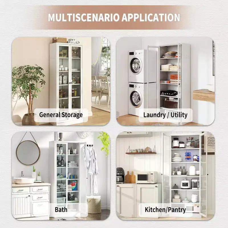 Dispensa da cucina in metallo alta 183 cm con ante in vetro e ripiani regolabili, mobile contenitore indipendente per cucina, dispensa o bagno, bianco