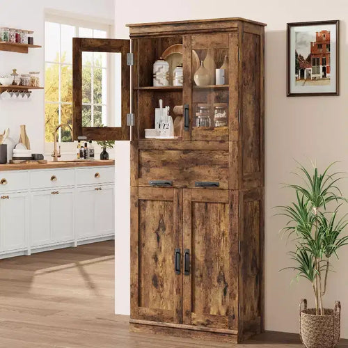170.2 cm. Tall Bathroom Storage Cabinet with 4 Doors, Flip Glass Drawer and Adjustable Shelves