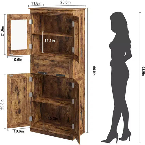 Armadietto Alto da Bagno di 170.2 cm con 4 Ante, Cassetto a Scomparsa in Vetro e Ripiani Regolabili