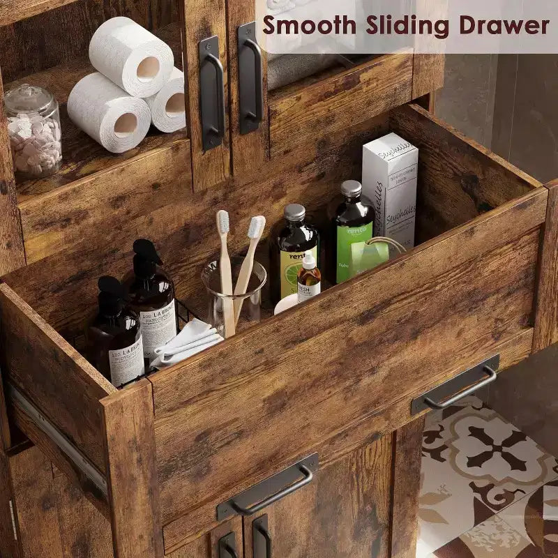 Mobiletto da Bagno Alto 170 cm con 4 Ante, Cassetto a Scomparsa in Vetro e Ripiani Regolabili