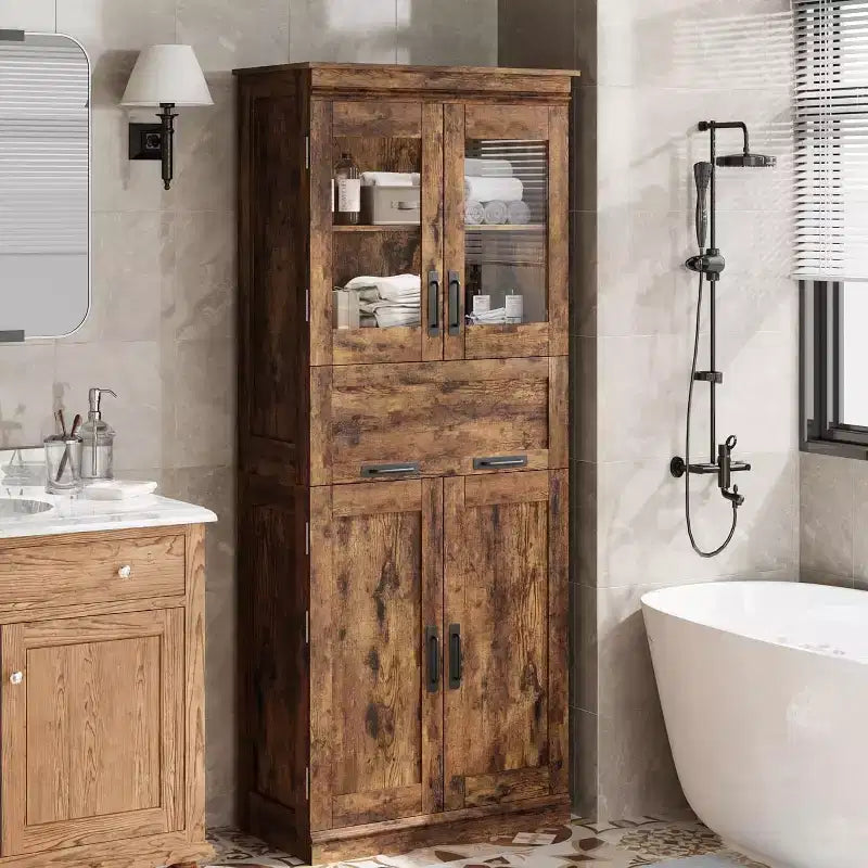 Mobiletto da Bagno Alto 170 cm con 4 Ante, Cassetto a Scomparsa in Vetro e Ripiani Regolabili