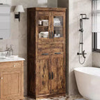 Armadietto Alto da Bagno di 170.2 cm con 4 Ante, Cassetto a Scomparsa in Vetro e Ripiani Regolabili