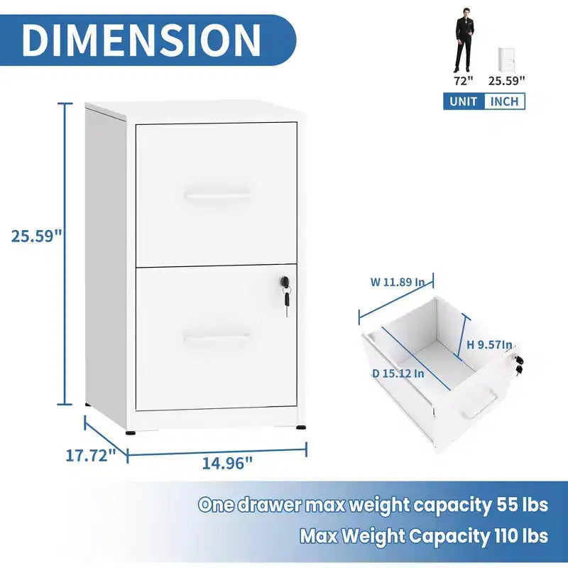Classificatore verticale a 2 cassetti con serratura, in acciaio, per documenti in formato Letter/Legale/A4/F4, antiribaltamento, per ufficio domestico (bianco)