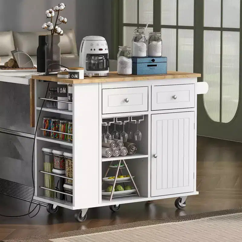 Isola da Cucina Mobile con Presa di Corrente, Piano Ribaltabile e Top in Legno di Gomma