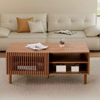 Coffee Table with Fluted Sliding Doors and Dual-Side Storage, 111.8 cm, Solid Wood Legs