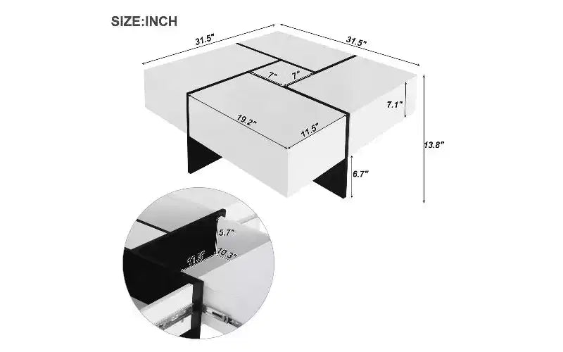 Tavolino da caffè allungabile con piano scorrevole a puzzle e 4 vani portaoggetti nascosti