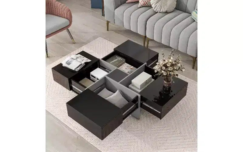 Tavolino da caffè allungabile con piano scorrevole a puzzle e 4 vani portaoggetti nascosti
