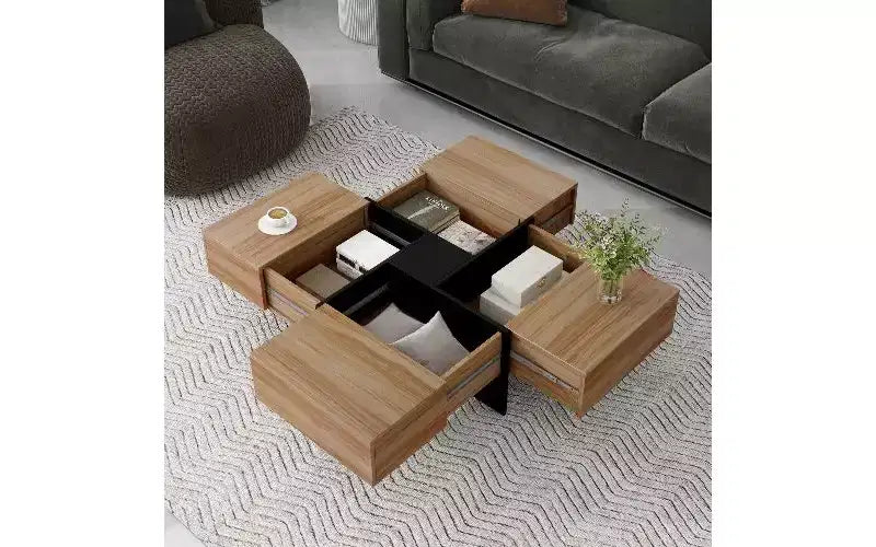 Tavolino da caffè allungabile con piano scorrevole a puzzle e 4 vani portaoggetti nascosti