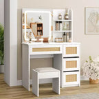 White Rattan Vanity Desk with LED Mirror, 4 Drawers & 2-Tier Open Shelves