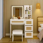 Toeletta in Rattan Bianco con Specchio LED, 4 Cassetti e Scaffali Aperti a 2 Livelli