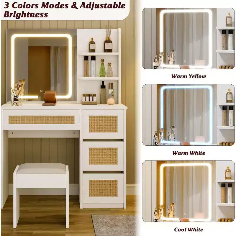 Toeletta in Rattan Bianco con Specchio LED, 4 Cassetti e Scaffali Aperti a 2 Livelli