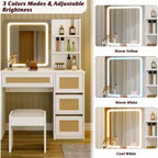 Toeletta in Rattan Bianco con Specchio LED, 4 Cassetti e Scaffali Aperti a 2 Livelli