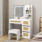 Toeletta in Rattan Bianco con Specchio LED, 4 Cassetti e Scaffali Aperti a 2 Livelli