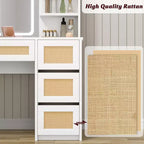 Toeletta in Rattan Bianco con Specchio LED, 4 Cassetti e Scaffali Aperti a 2 Livelli