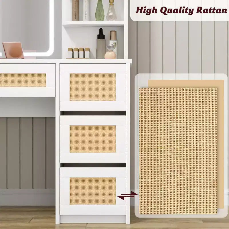 Toeletta in Rattan Bianco con Specchio LED, 4 Cassetti e Scaffali Aperti a 2 Livelli