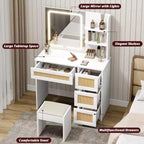 Toeletta in Rattan Bianco con Specchio LED, 4 Cassetti e Scaffali Aperti a 2 Livelli