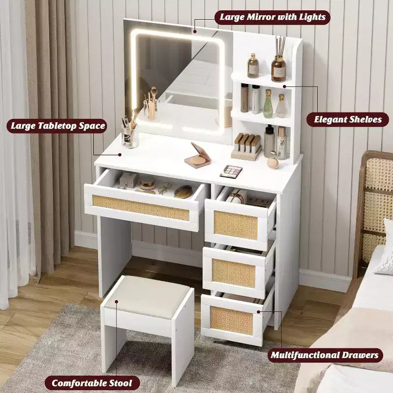 Toeletta in Rattan Bianco con Specchio LED, 4 Cassetti e Scaffali Aperti a 2 Livelli
