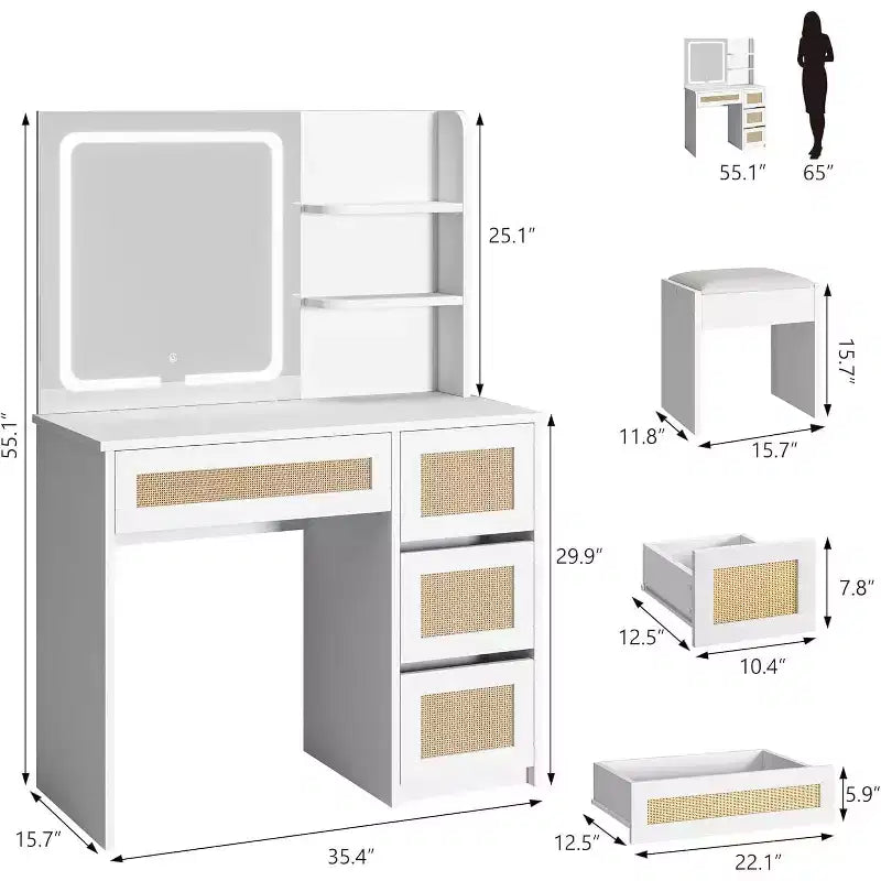 Toeletta in Rattan Bianco con Specchio LED, 4 Cassetti e Scaffali Aperti a 2 Livelli