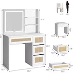 Toeletta in Rattan Bianco con Specchio LED, 4 Cassetti e Scaffali Aperti a 2 Livelli